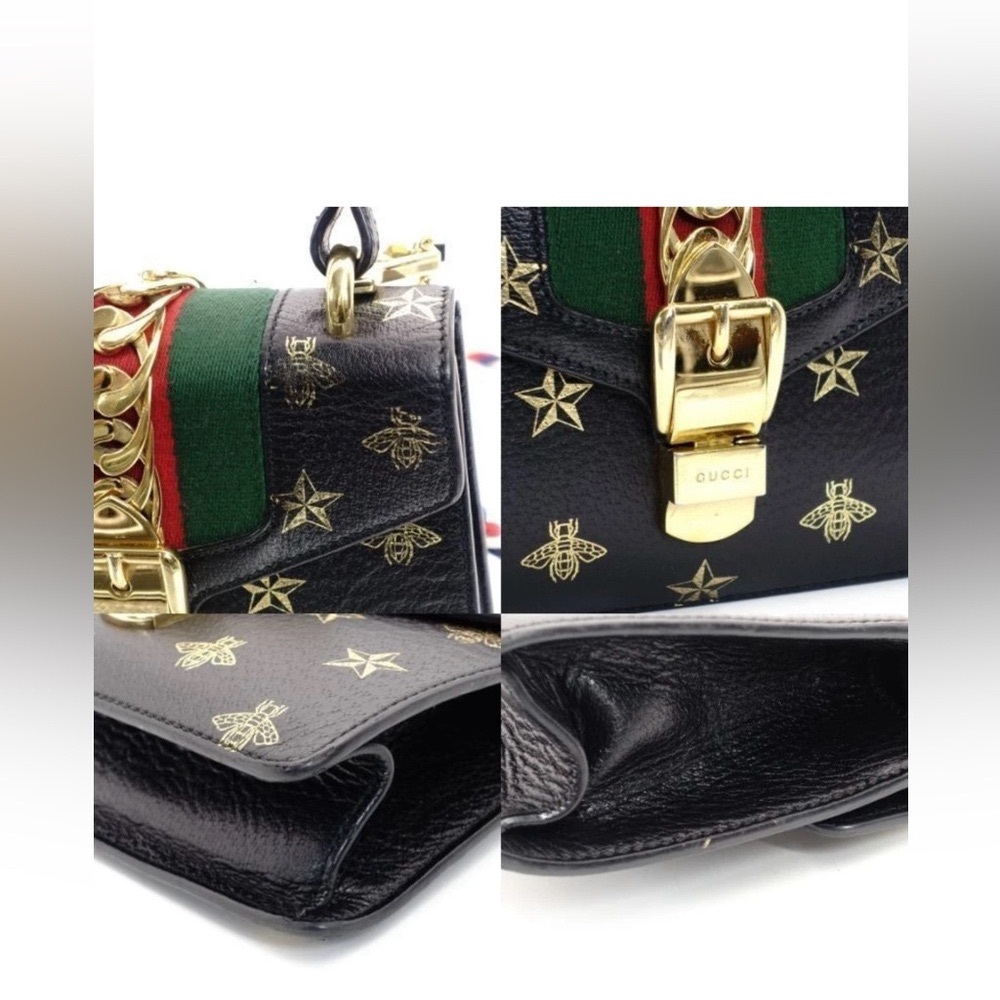 Gucci Sylvie Black and Gold Bee Stars Bag with Braided Strap 2-Way Handles - Picture 9 of 11